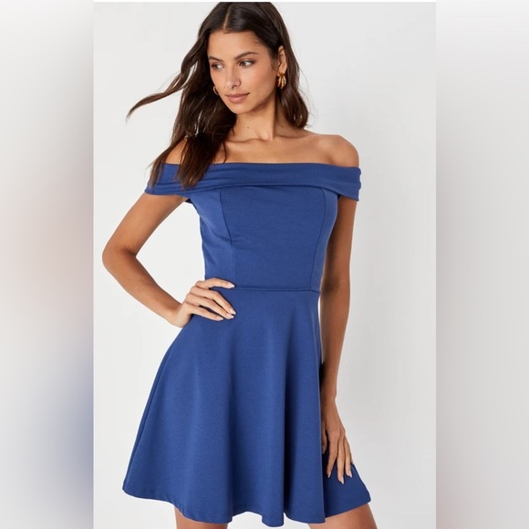 NWT Lulu's Blue Off-Shoulder Fit and Flare Dress - Picture 1 of 5